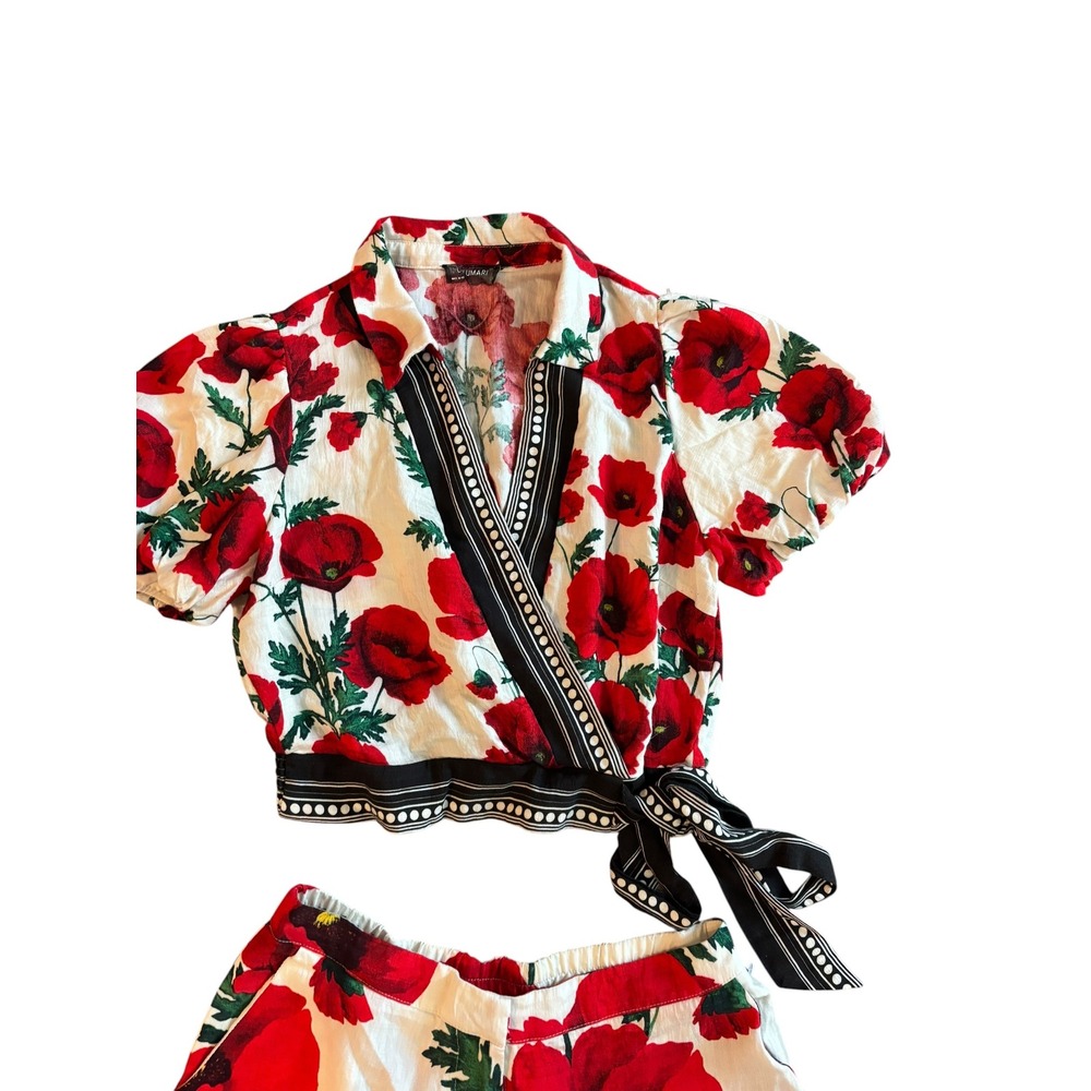 Lulumari Women Red Poppy Floral 2 Piece Set Wrap Crop Top Wide Leg Pants Large - Picture 2 of 6